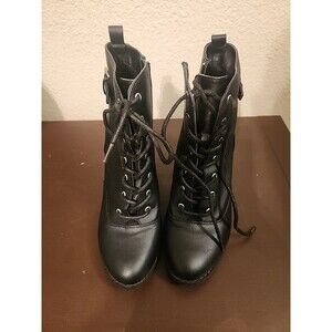 Edgy Style! Women's Brash Black Lace-Up Punk Heeled Ankle Boots - Size 8